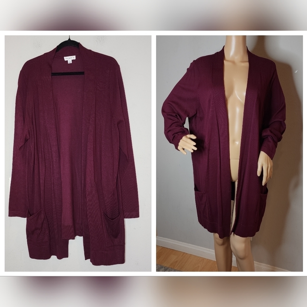 Susan Graver Plum Purple Open Front Knit Cardigan With Pockets Women's Size 1X